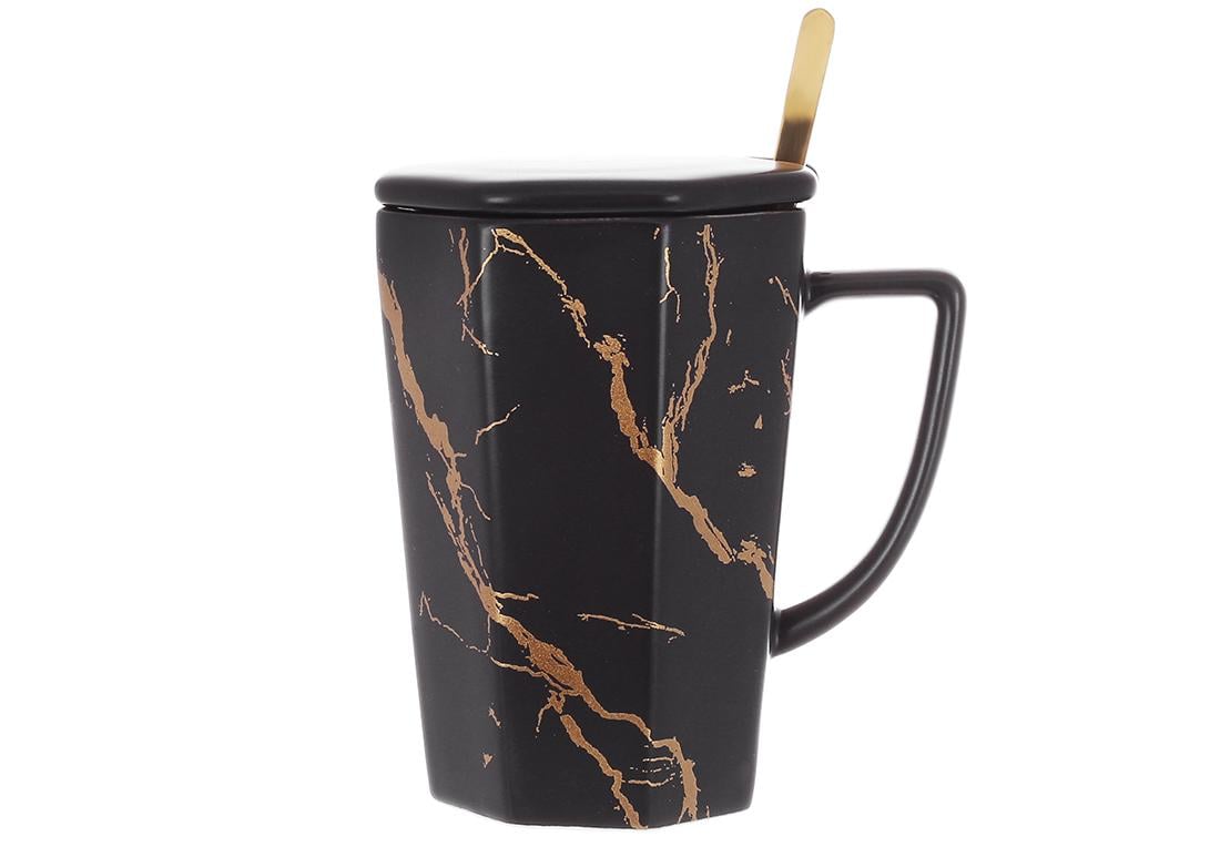 Кружка заварочная BonaDi Мраморная роскошь фарфоровая с крышкой и ложкой 350 мл Черный с золотом (805-732)