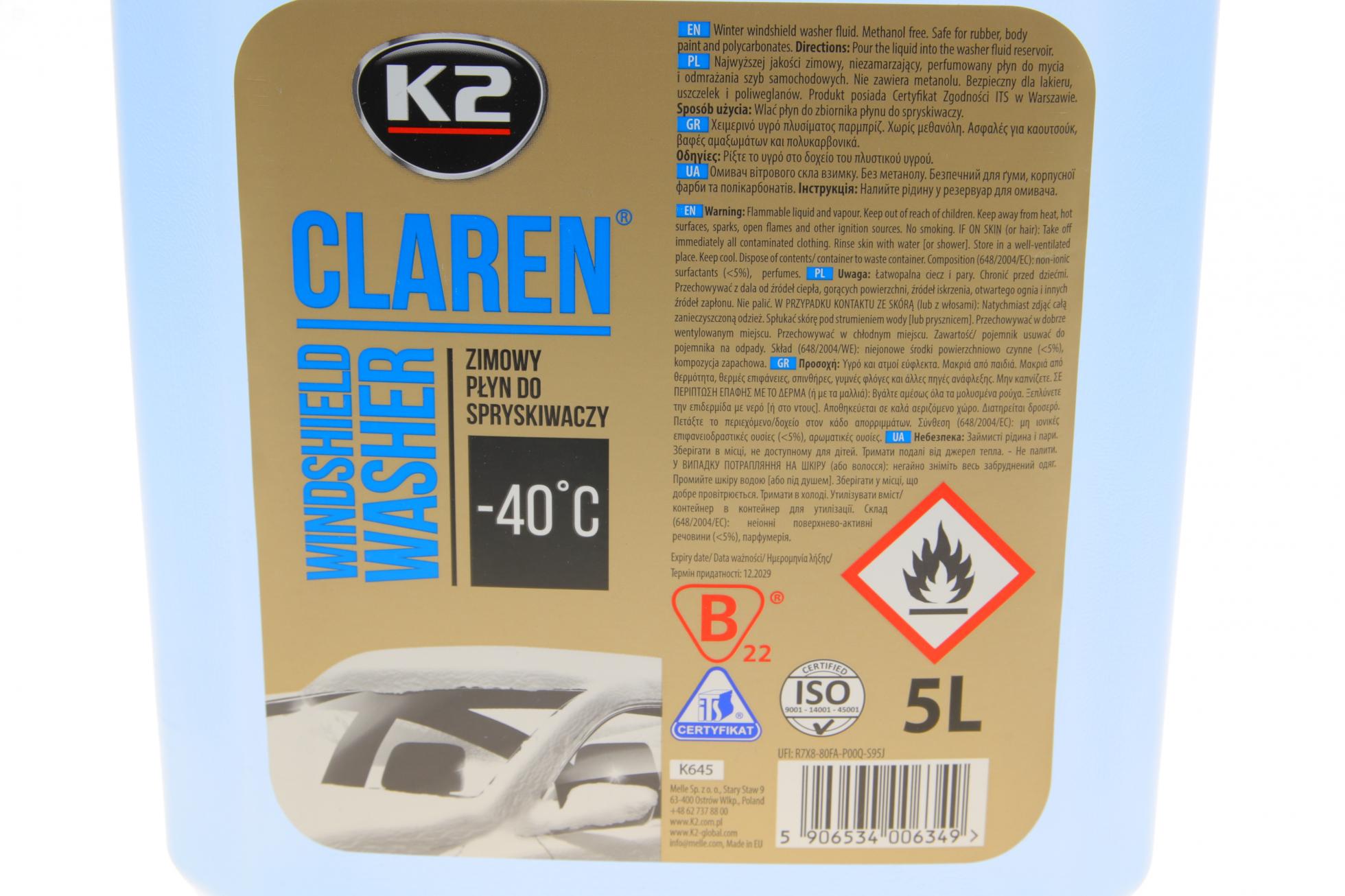 Омыватель зимний для лобового стекла концентрат K2 Claren Windshield Washer Concentrate -40 C 5L (K645) - фото 5