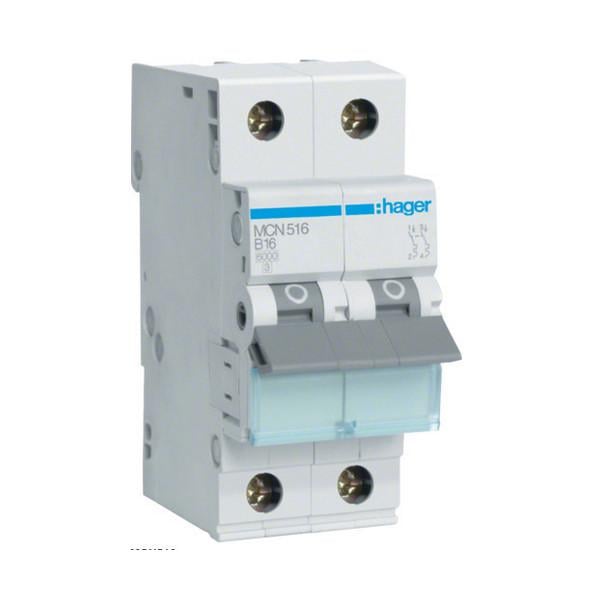 Автоматический выключатель Hager 2 полюса 6 kA тип C 16A MCN516 (74314)