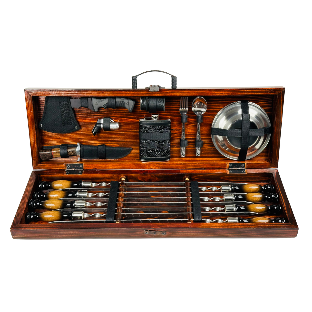 Подарочный набор шампуров и аксессуаров Пикник LUX в деревянном кейсе ручной работы из нержавеющей стали 3 мм
