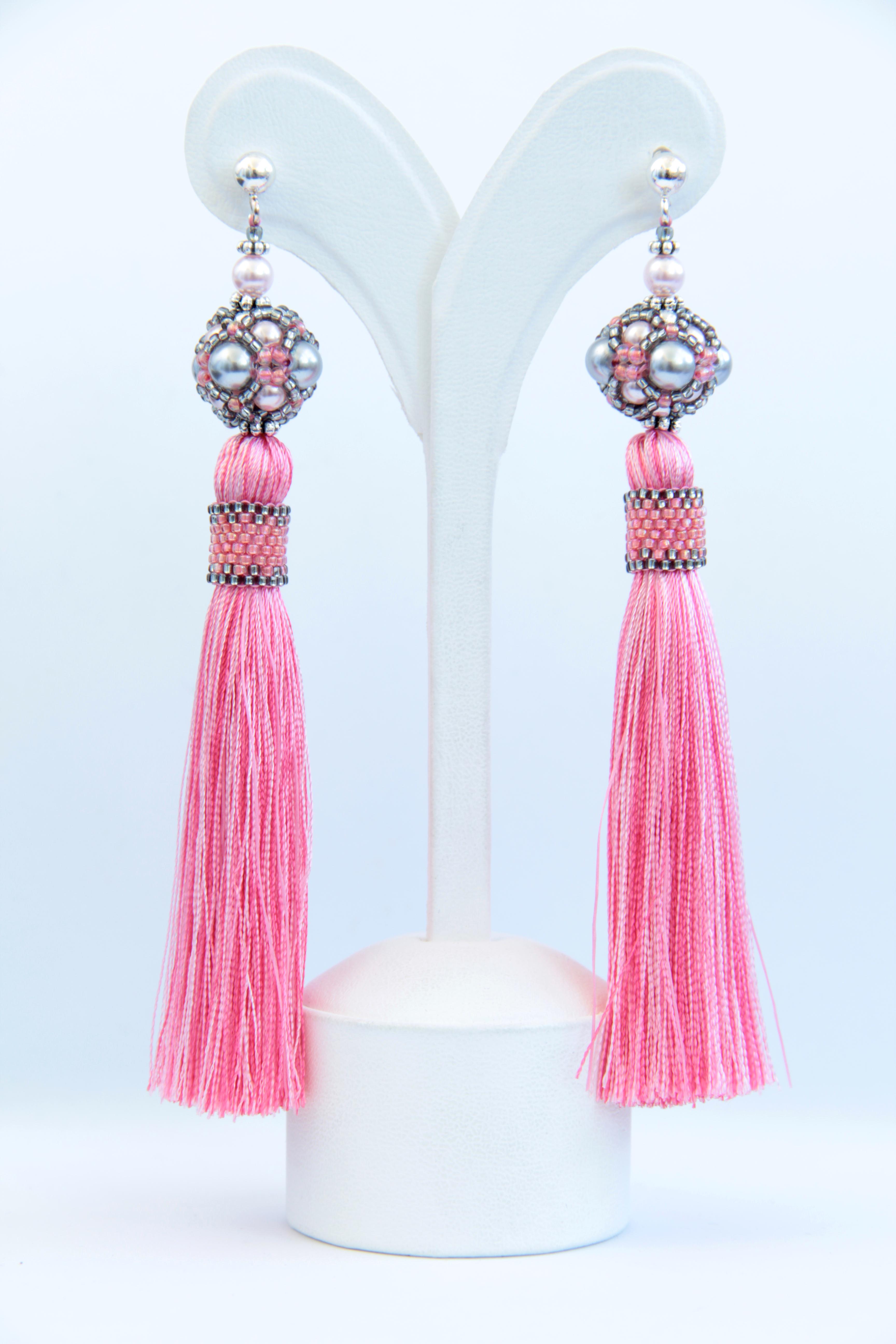 Сережки китиці довгі з перлами Rose Pearls ручна робота Рожевий (ER-0083)