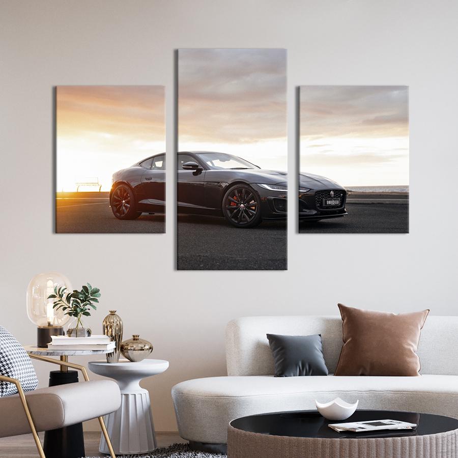 Картина на холсте триптих Чёрный Jaguar F-Type 66x40 см (1330-32)