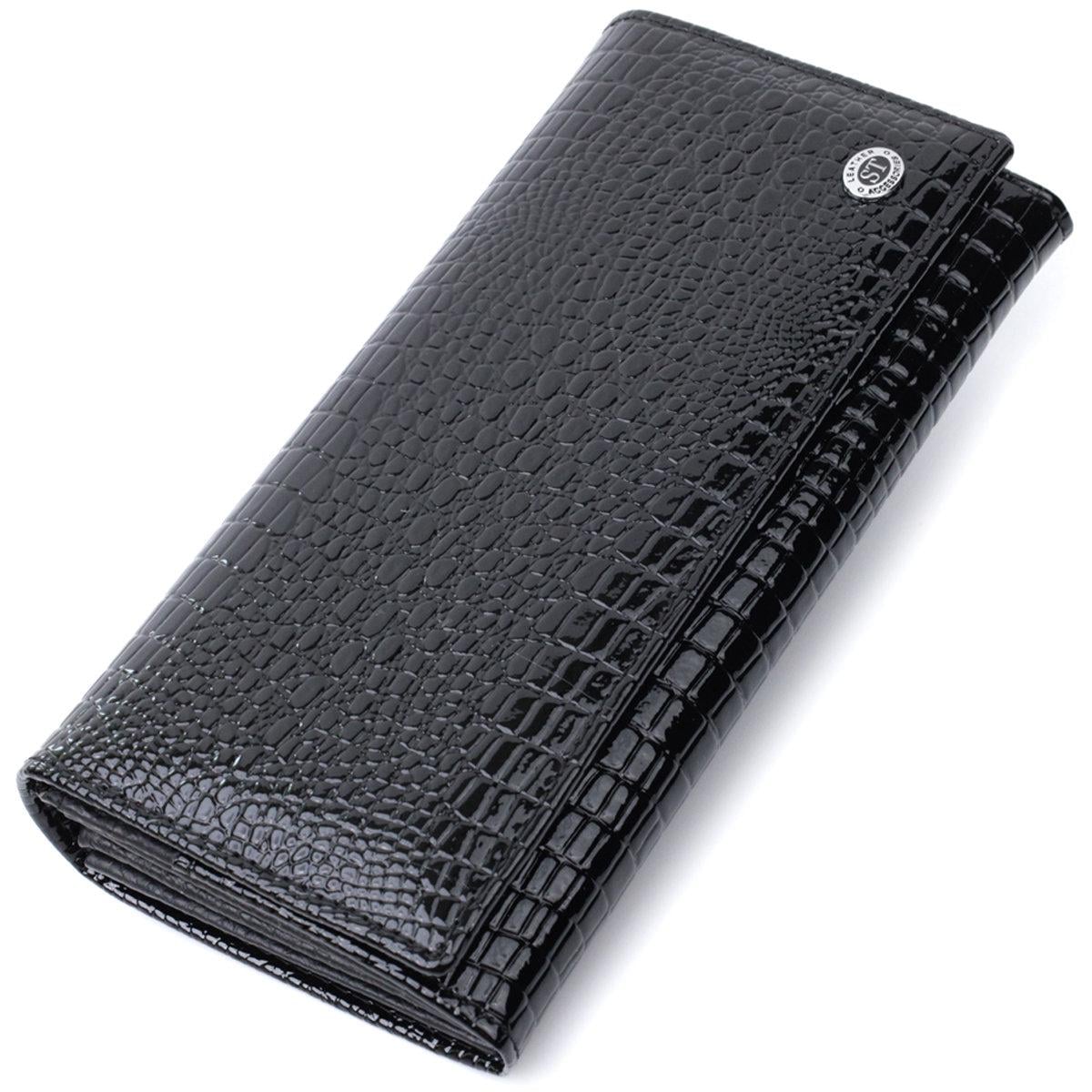 Кошелек ST Leather 22718 лакированный с фактурой под рептилию из натуральной кожи Черный (168-136-22718)
