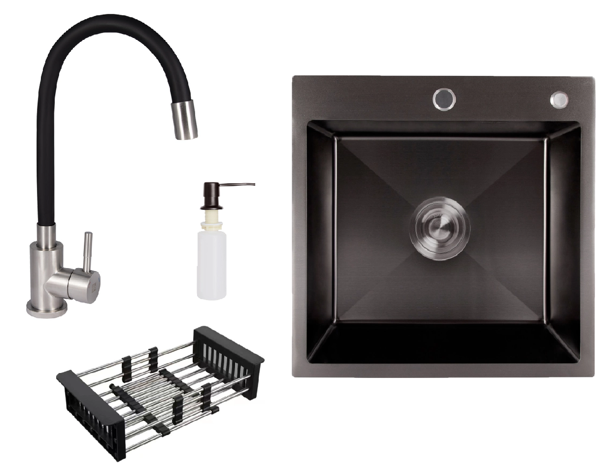 Мийка для кухні з нержавіючої сталі 50/50 Lidz з гнучким краном/дозатором/кошиком Чорний Мийка для кухні з нержавіючої сталі 50/50 Lidz з гнучким краном/дозатором/кошиком Чорний