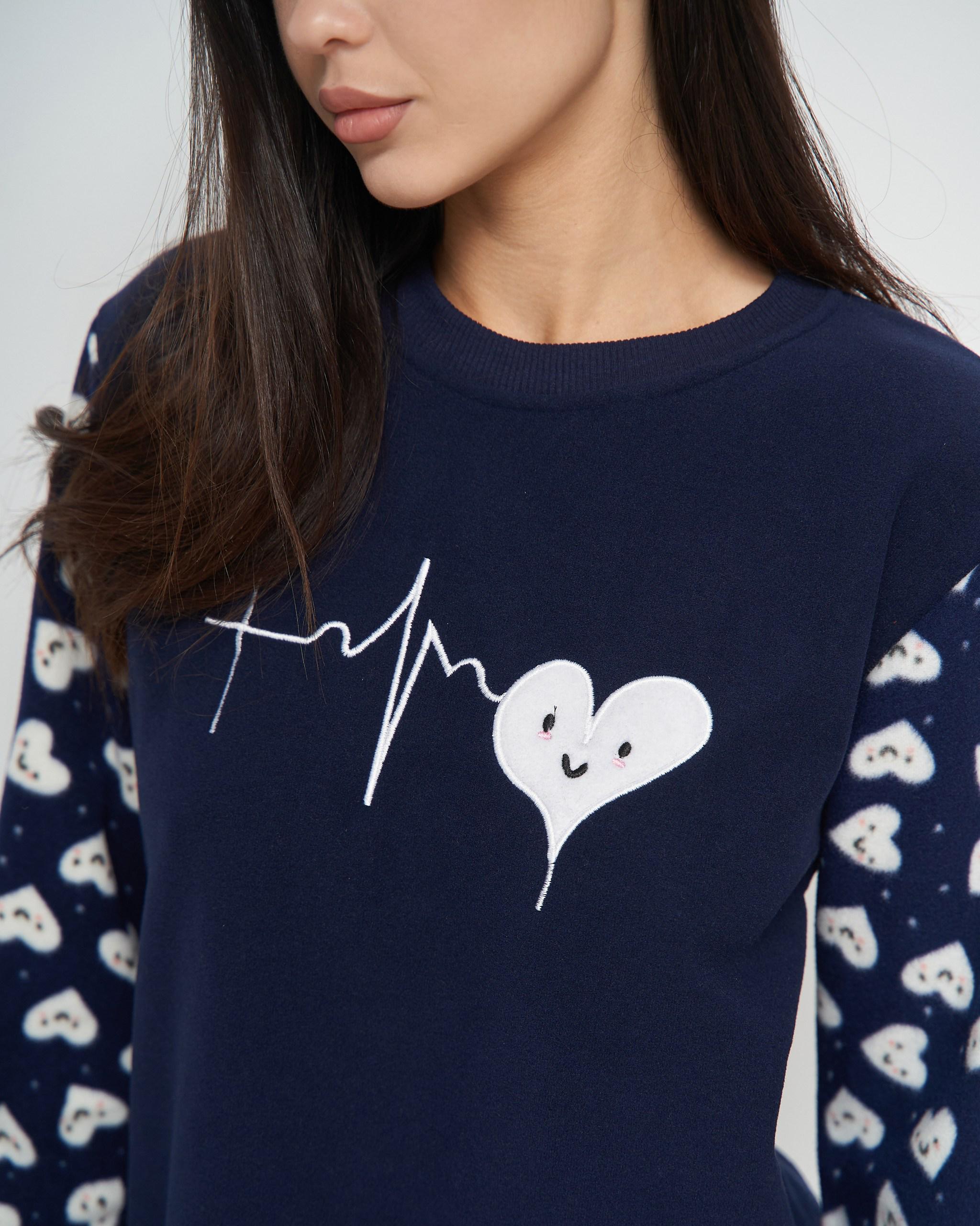 Костюм женский с брюками флис Сердечки M Темно-синий (94115) - фото 2 Костюм женский с брюками флис Сердечки M Темно-синий (94115) - фото 2