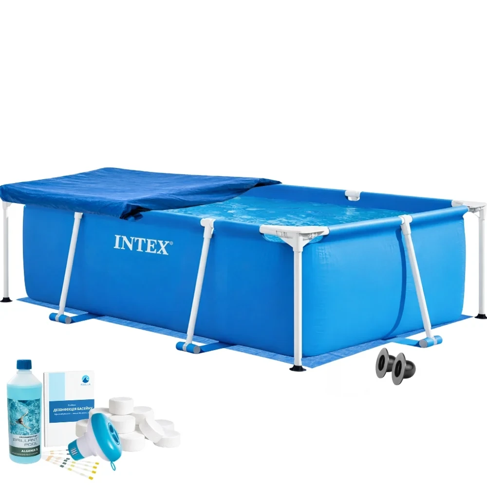 Бассейн каркасный прямоугольный Metal Frame Intex 28270-5в1 220х150х60 см с подстилкой/тентом/химией Синий (147-9-28270-5)