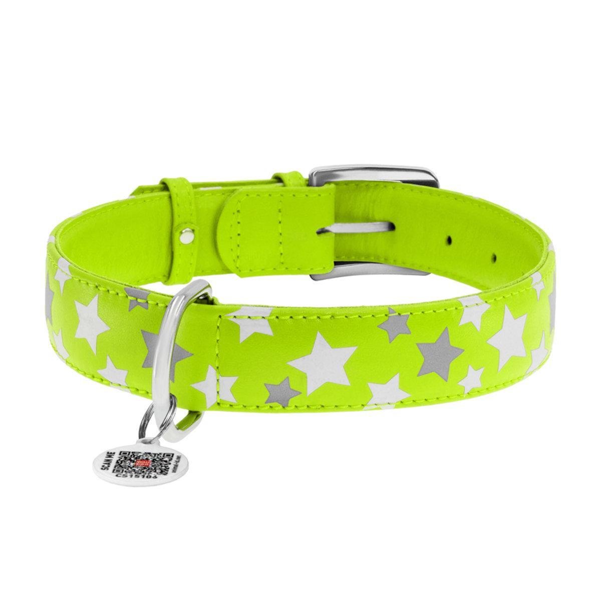 Ошейник для собак кожаный Waudog Glamour Звездочка с QR паспортом/светонакопительный/светоотражающий XL 35 мм х 46-60 см Салатовый (35885 Col)