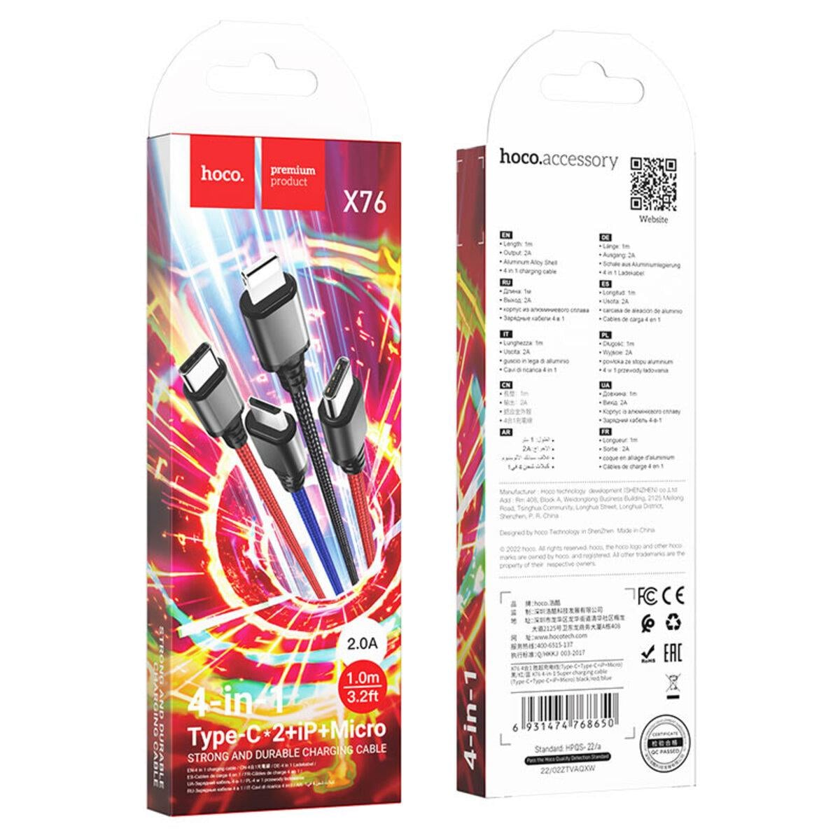 Кабель Hoco Combo 2type-C+Lightning + Micro USB X76 1 m 2A Black/Red/Blue - фото 2 Кабель Hoco Combo 2type-C+Lightning + Micro USB X76 1 m 2A Black/Red/Blue - фото 2