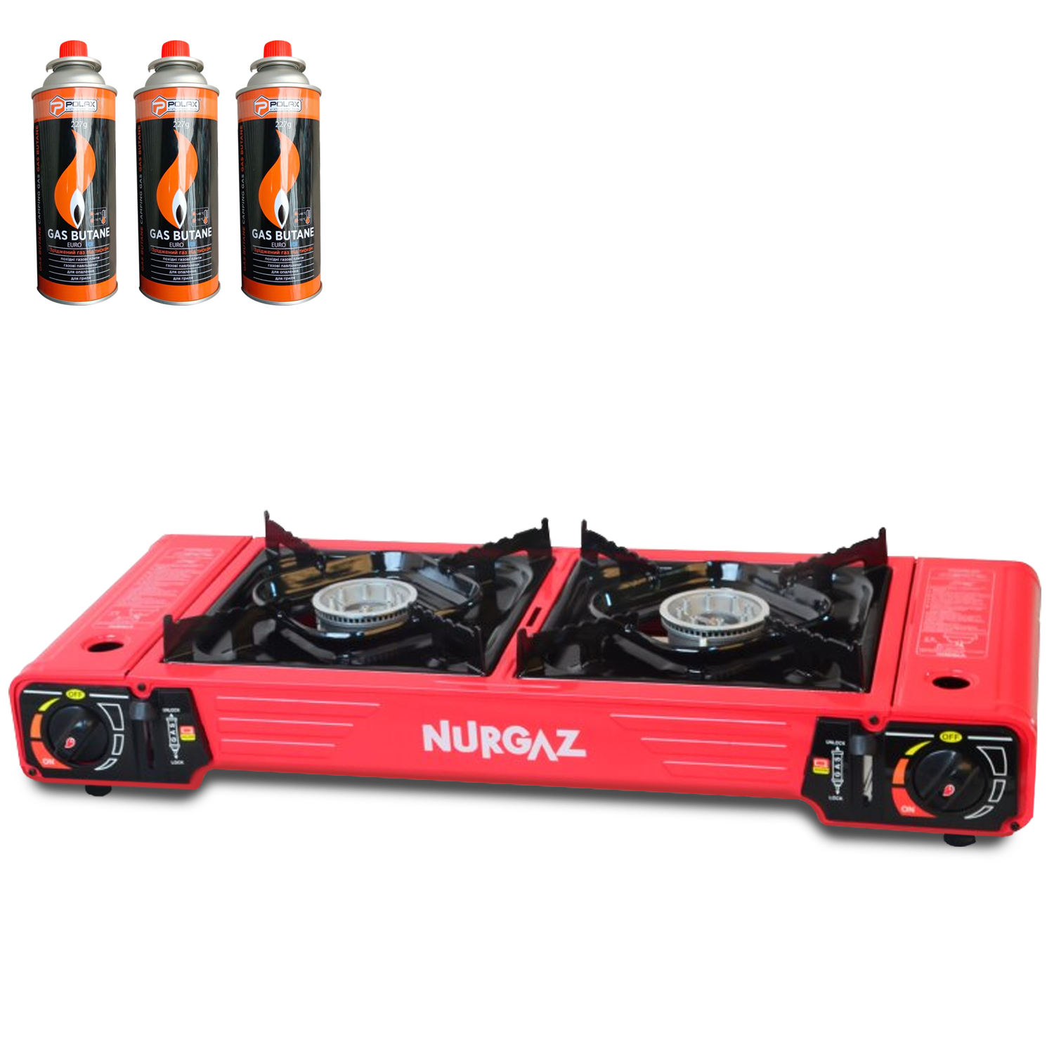 Газовая плита портативная Nurgaz Double Burner на две конфорки с 3 газовыми баллонами. (887248a9)