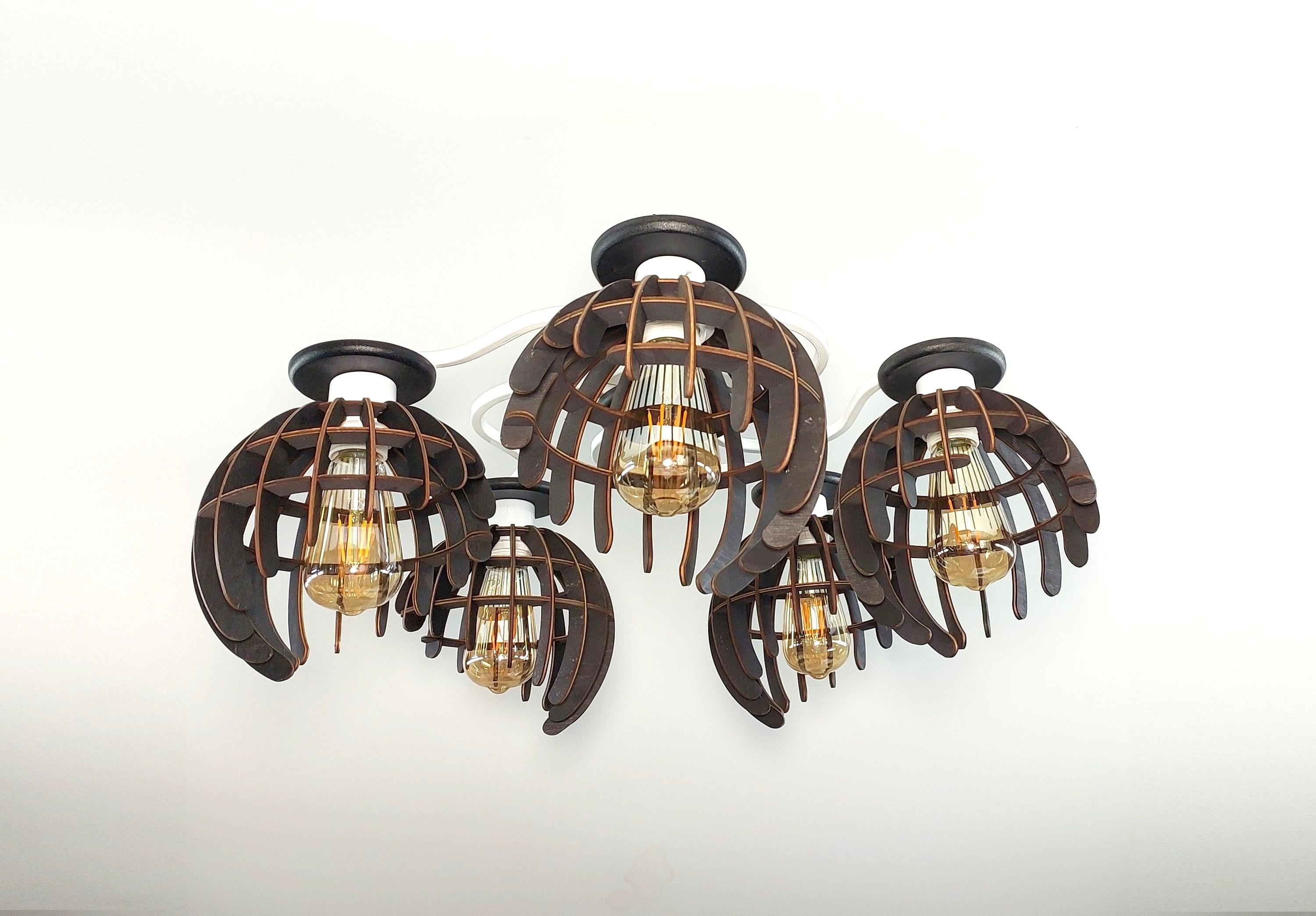 Люстра в стиле лофт на 5 лампочек с деревяными плафонами Черный/Белый (4345-19)