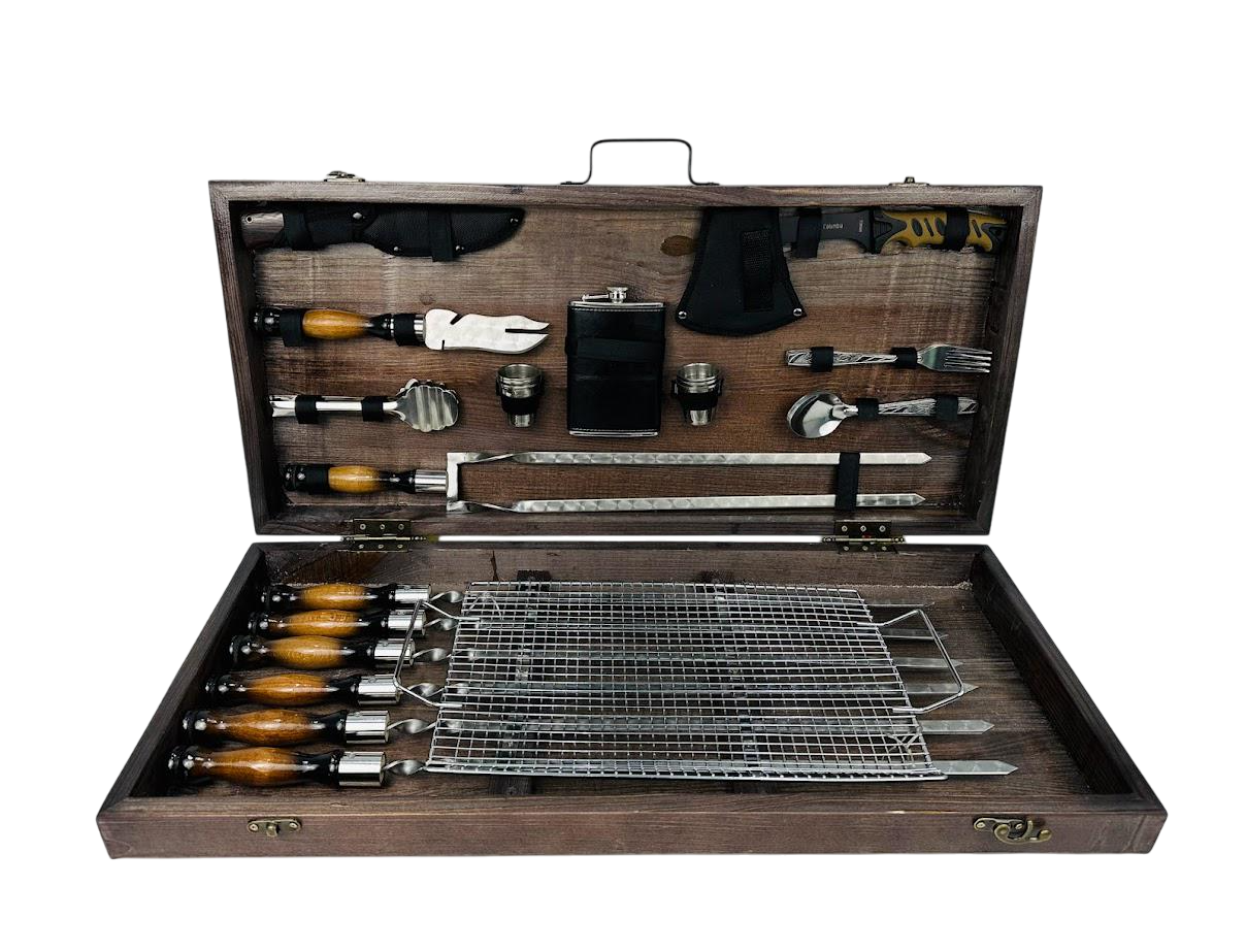 Набор шампуров Премиум для пикника 31 предмет с аксессуарами в деревянном кейсе 74х34х10 см Коричневый (124-10-KS-7501)