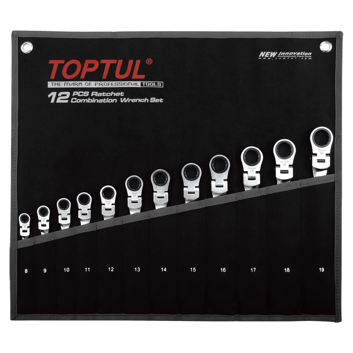 Набор ключей Toptul GPAQ1204 с трещоткой и шапниром метрические 8-19 мм 12 шт. (106-112-GPAQ1204)