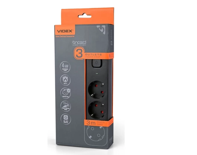 Удлинитель Videx ONCORD 3 розетки с кнопкой 3 м Черный (29436206)