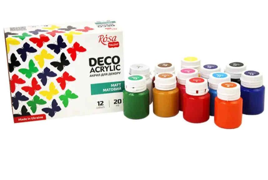 Набор акриловых красок ROSA Talent для матового декорирования 12 цветов по 20 мл