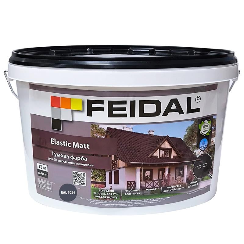 Краска эластичная Feidal Elastic Matt для интерьеров и фасадов 12 кг Графитовый матовый RAL 7024 Краска эластичная Feidal Elastic Matt для интерьеров и фасадов 12 кг Графитовый матовый RAL 7024