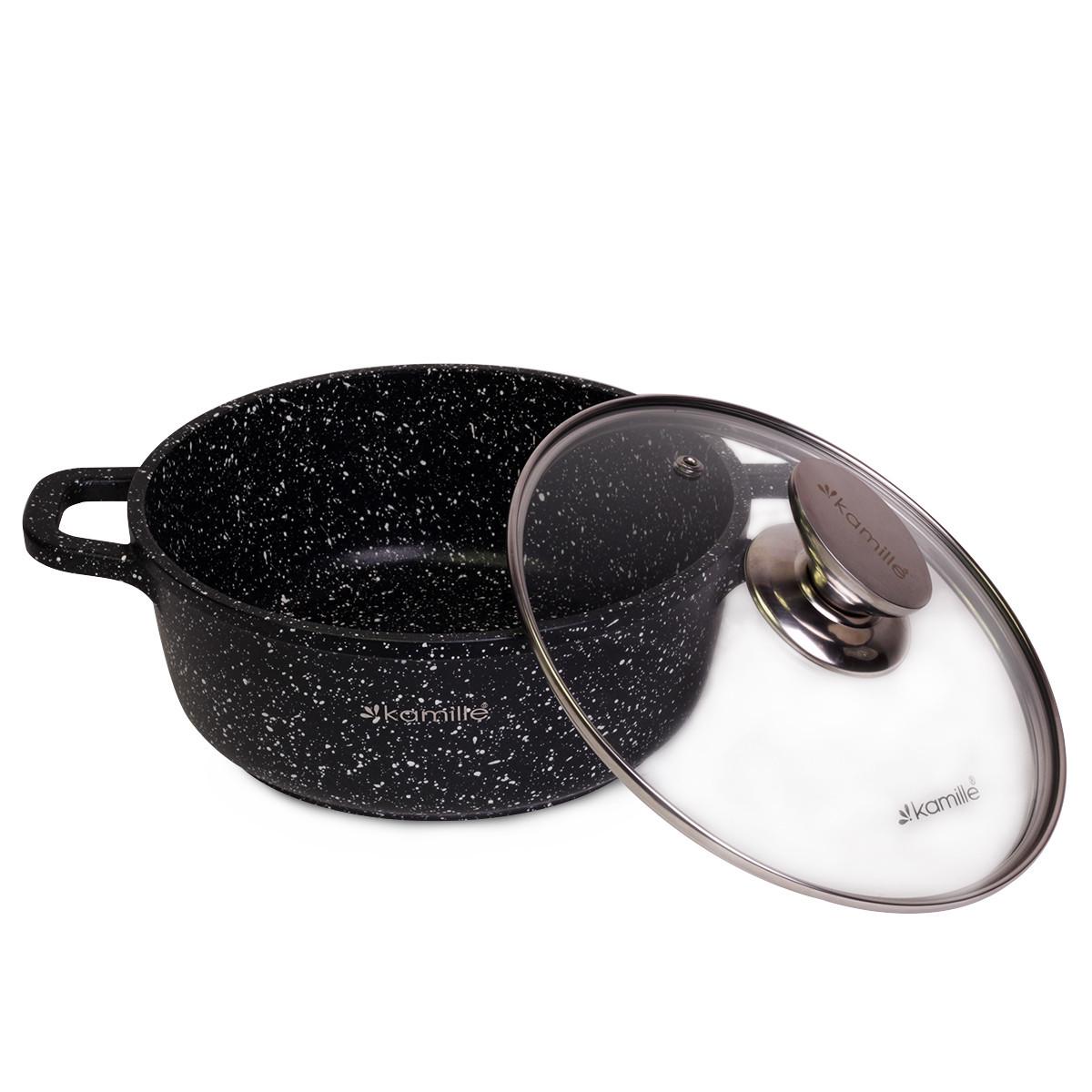 Кастрюля Kamille из литого алюминия с антипригарным покрытием "черный мрамор" и стеклянной крышкой 20х8,5 см 2,3 л - фото 2 Кастрюля Kamille из литого алюминия с антипригарным покрытием "черный мрамор" и стеклянной крышкой 20х8,5 см 2,3 л - фото 2