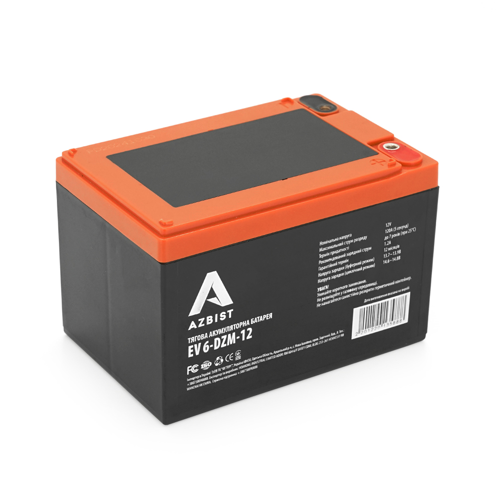 Аккумулятор свинцово-кислотный тяговой AGM AZBIST 6-DZM-12 12V 12 Ah M5 для электровелосипедов и скутеров герметичный (18016)