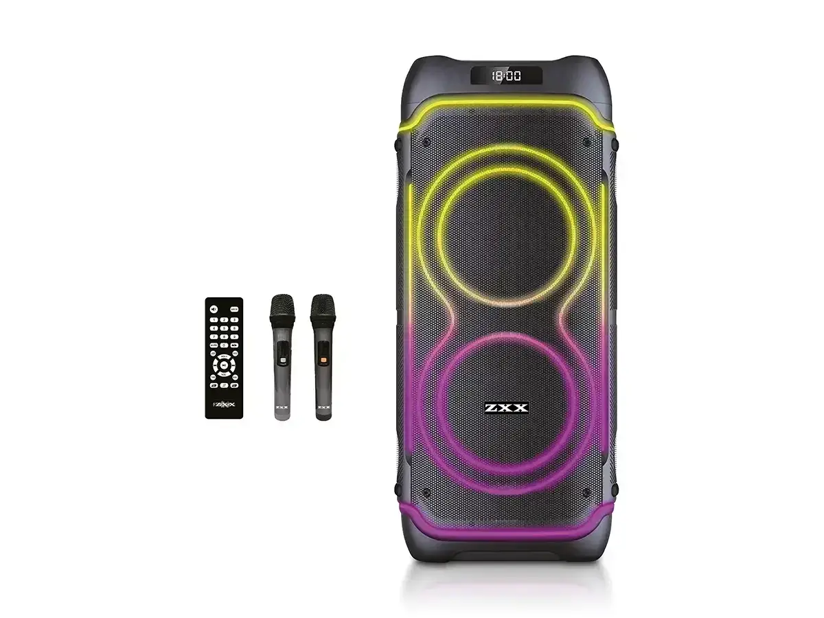 Портативная колонка с подсветкой ZXX-5515 Bluetooth с пультом и 2 микрофонами (ML-04481) Портативная колонка с подсветкой ZXX-5515 Bluetooth с пультом и 2 микрофонами (ML-04481)