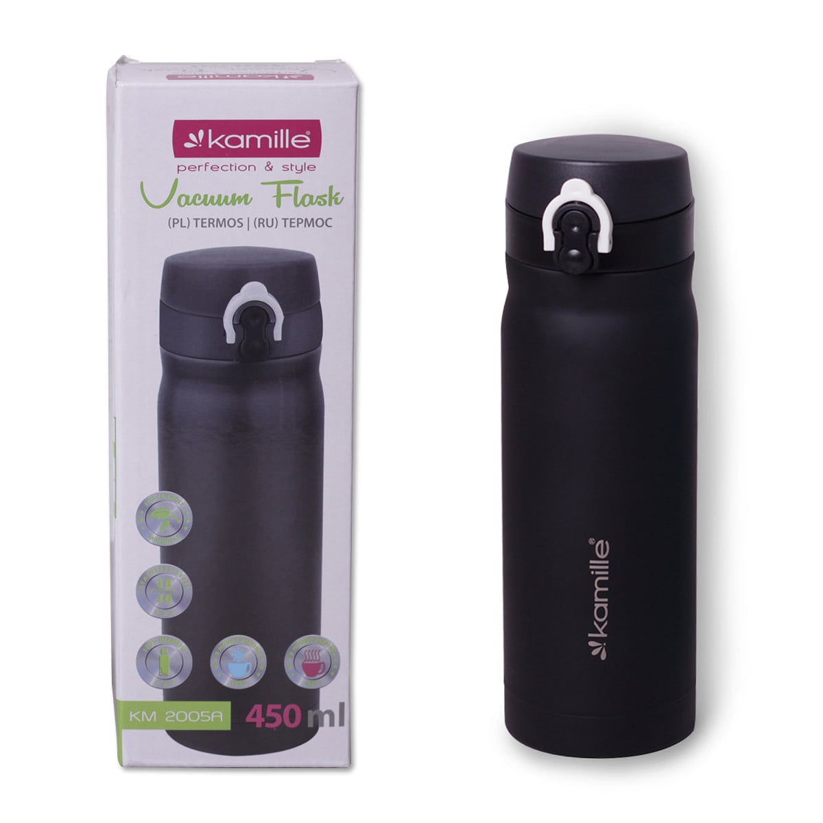 Термос-бутылка Kamille Черный 450 мл из нержавеющей стали KM-2005A