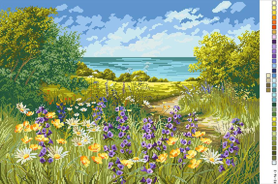 Канва с рисунком для вышивки нитками Полевые цветы у моря А3-16-003