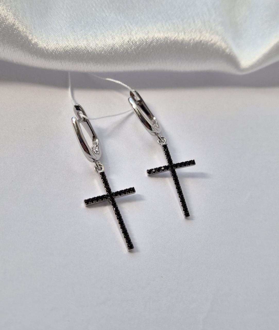 Серебряные серьги Крест в черных камнях с подвеской 925 проба 3,75 г (1293)
