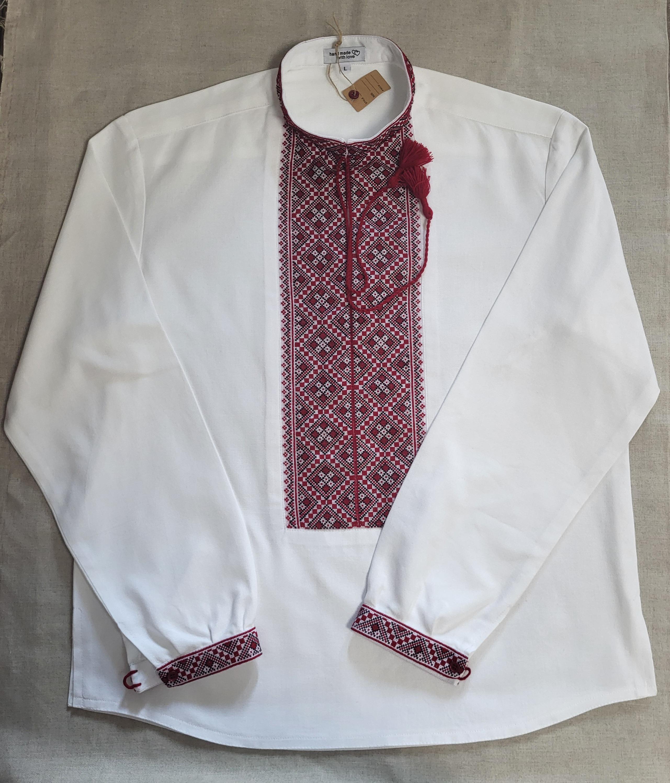 Вишиванка чоловіча Дорідна ручної роботи на білому домотканому полотні
