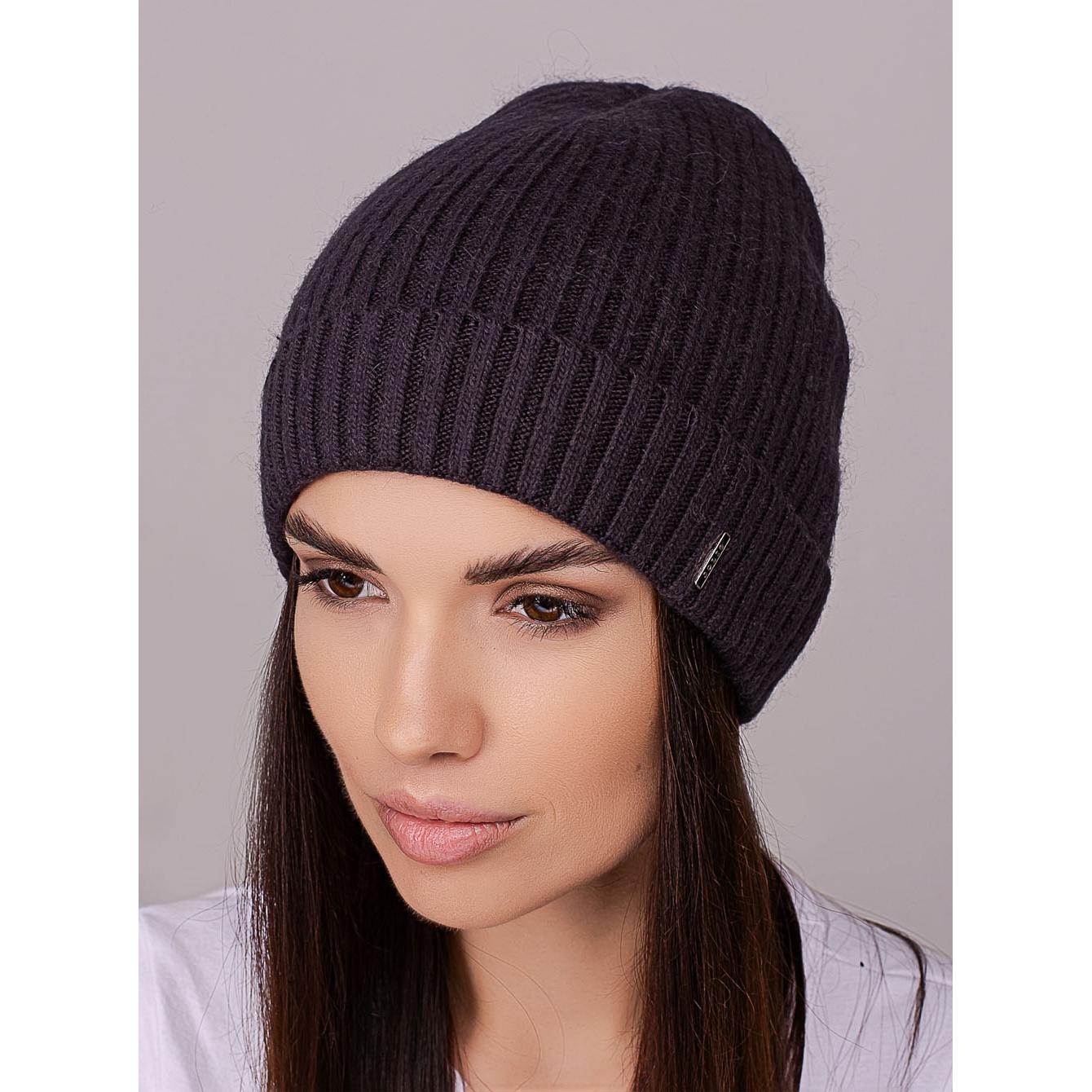 Шапка женская шерстяная с добавлением ангоры Leks Пепси без подкладки с коротким подворотом Антрацит