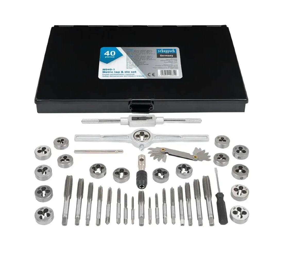 Набор метрических/дюймовых метчиков и плашек Scheppach SCH-M040-1 в металлическом кейсе 40 шт. М3-М12 (SCH-M040-1) Набор метрических/дюймовых метчиков и плашек Scheppach SCH-M040-1 в металлическом кейсе 40 шт. М3-М12 (SCH-M040-1)