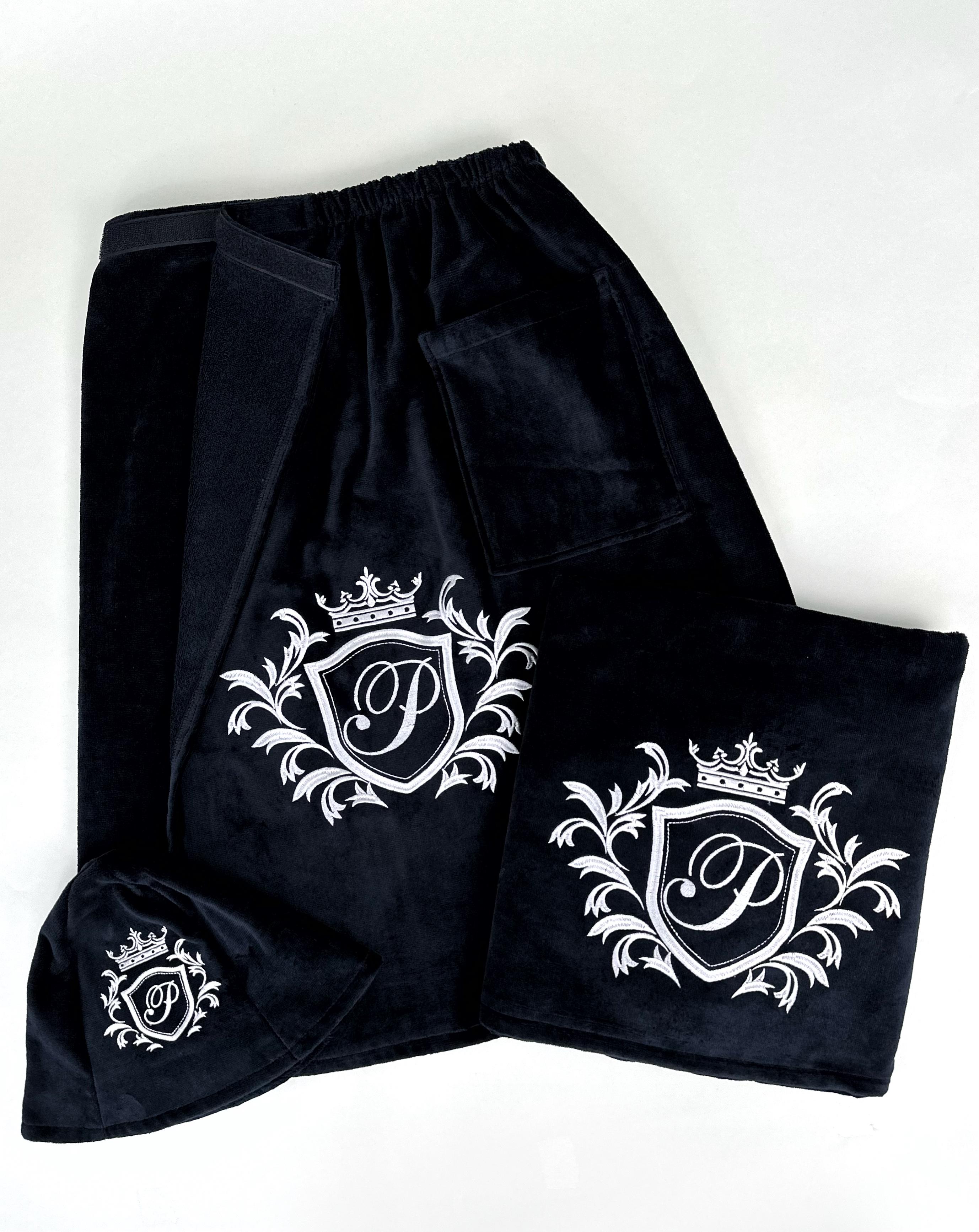 Банний чоловічий набір Family Tradition Фамільний герб махра велюрова з вишивкою Чорний (50207)