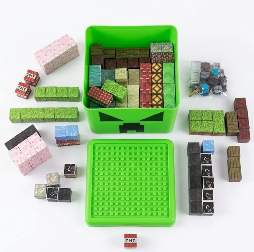 Конструктор магнитный Block World Storage Bucket 260 элементов 8 фигурок Зеленый (aks00031)