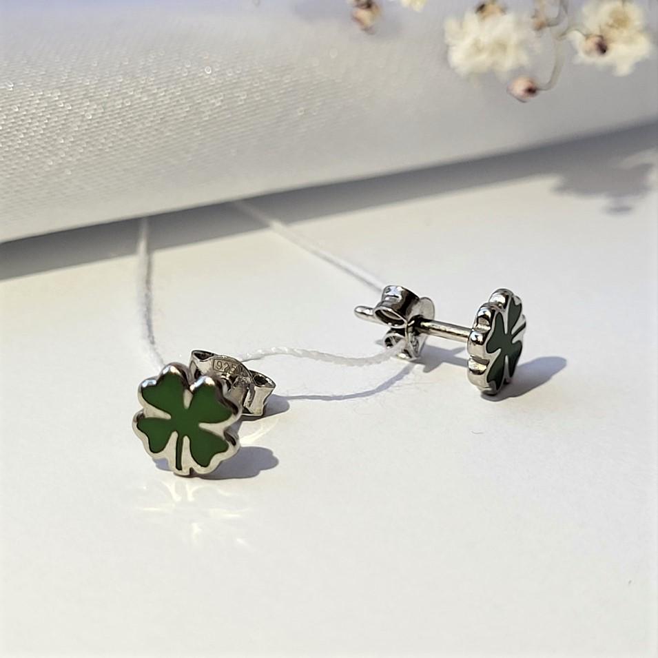 Серьги из серебра Клевер с эмалью покрыто родием 925 проба 0,95 г (1133)