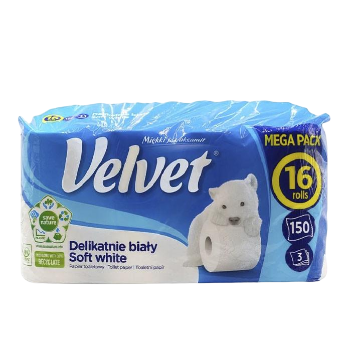 Туалетний папір тришаровий Velvet Soft 16 рулонів 150 відривів White (1805588354)