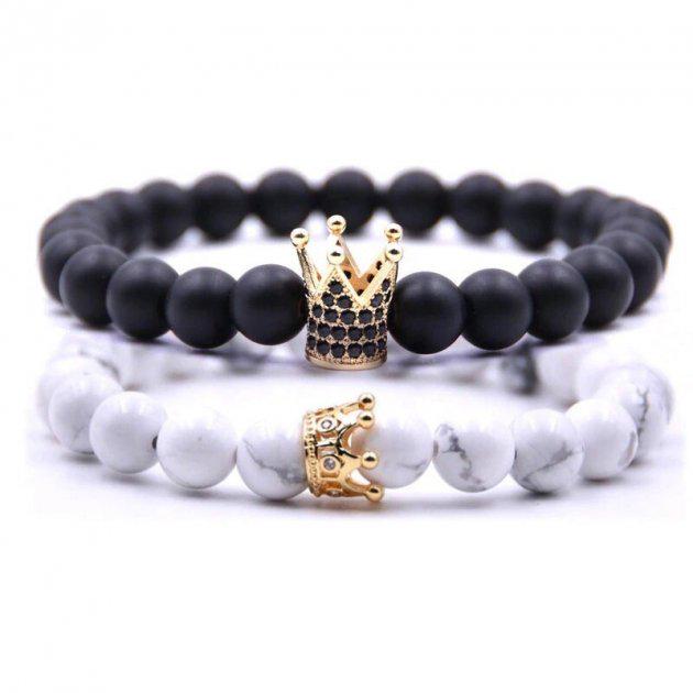 Браслети парні з кахолонгу та шунгіту із коронами р. 18 (70007)