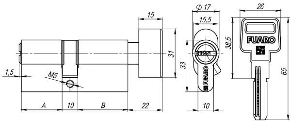 Цилиндровый механизм Fuaro R602 R6002 Knob 70 CP 5Key с вертушкой Хром - фото 2