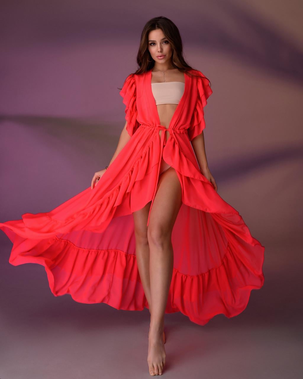 Туника пляжная с воланами 002 Коралловый (33386504)