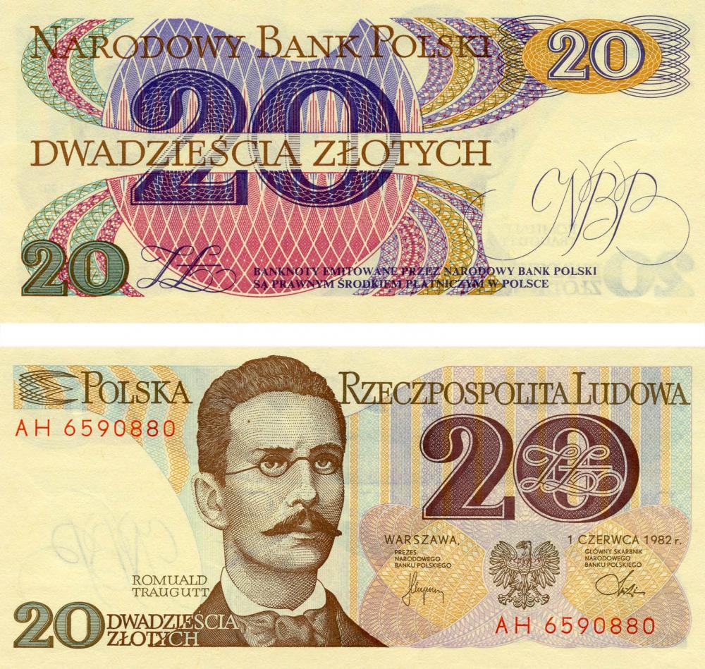 Коллекционная банкнота Польша 20 злотых 1982 UNC P149 (Б07389)
