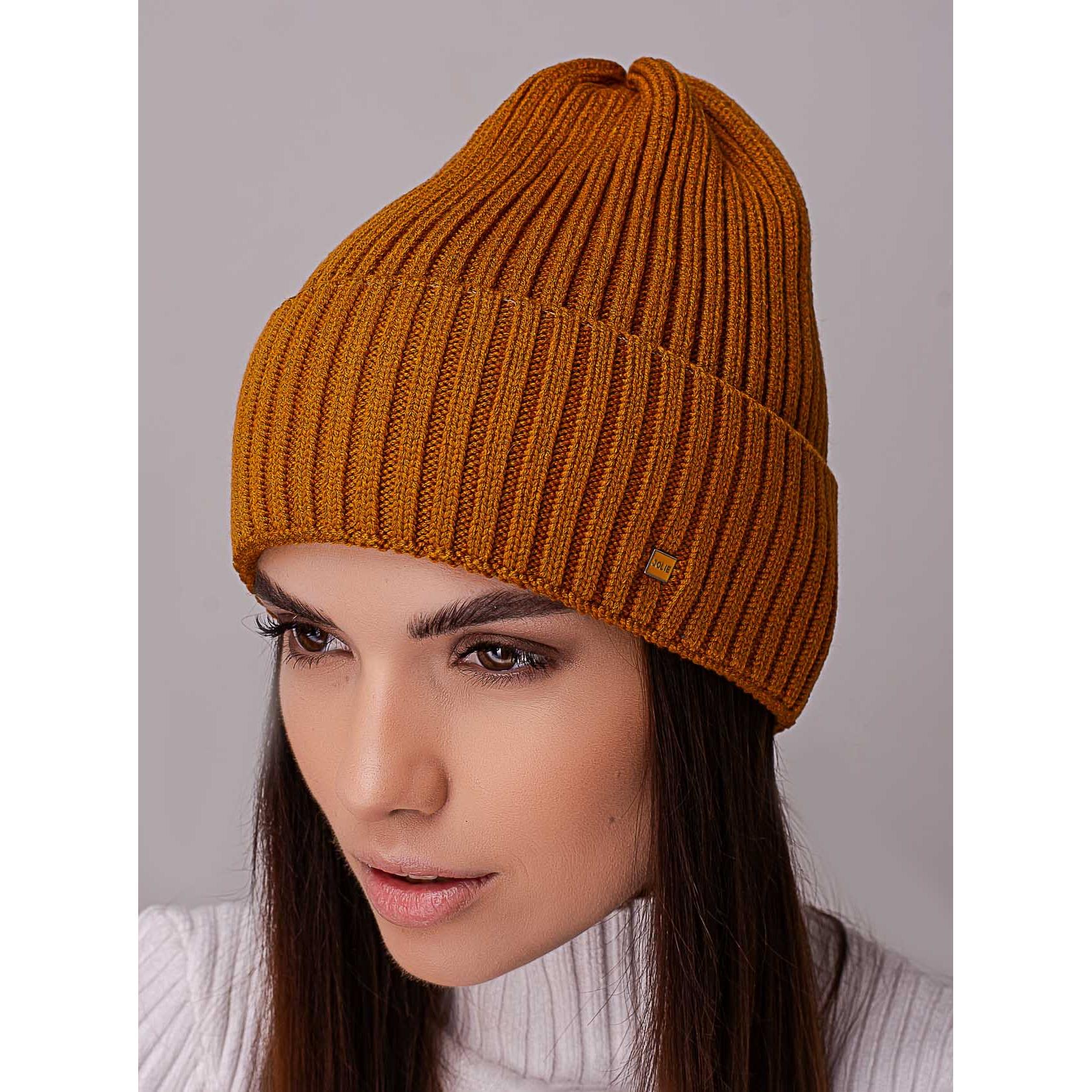 Шапка женский колпак с отворотом без подкладки в широкий рубчик Leks Ковель Горчичный - фото 1