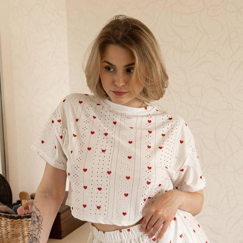 Пижама-комплект женская Lesko SM24107AYH Красные сердца футболка и шорты XL Белый (28525453) - фото 7 Пижама-комплект женская Lesko SM24107AYH Красные сердца футболка и шорты XL Белый (28525453) - фото 7