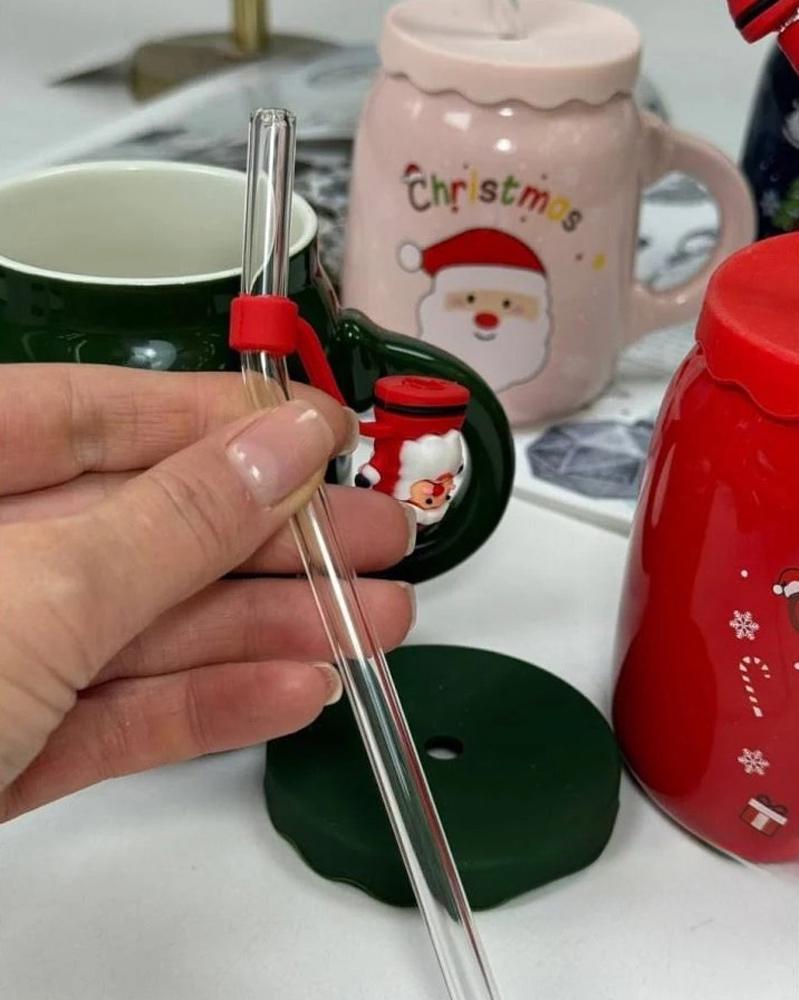 Чашка з кришкою і трубочкою Санта кераміка 460 мл Зелений (21-зел-102-1082) - фото 3