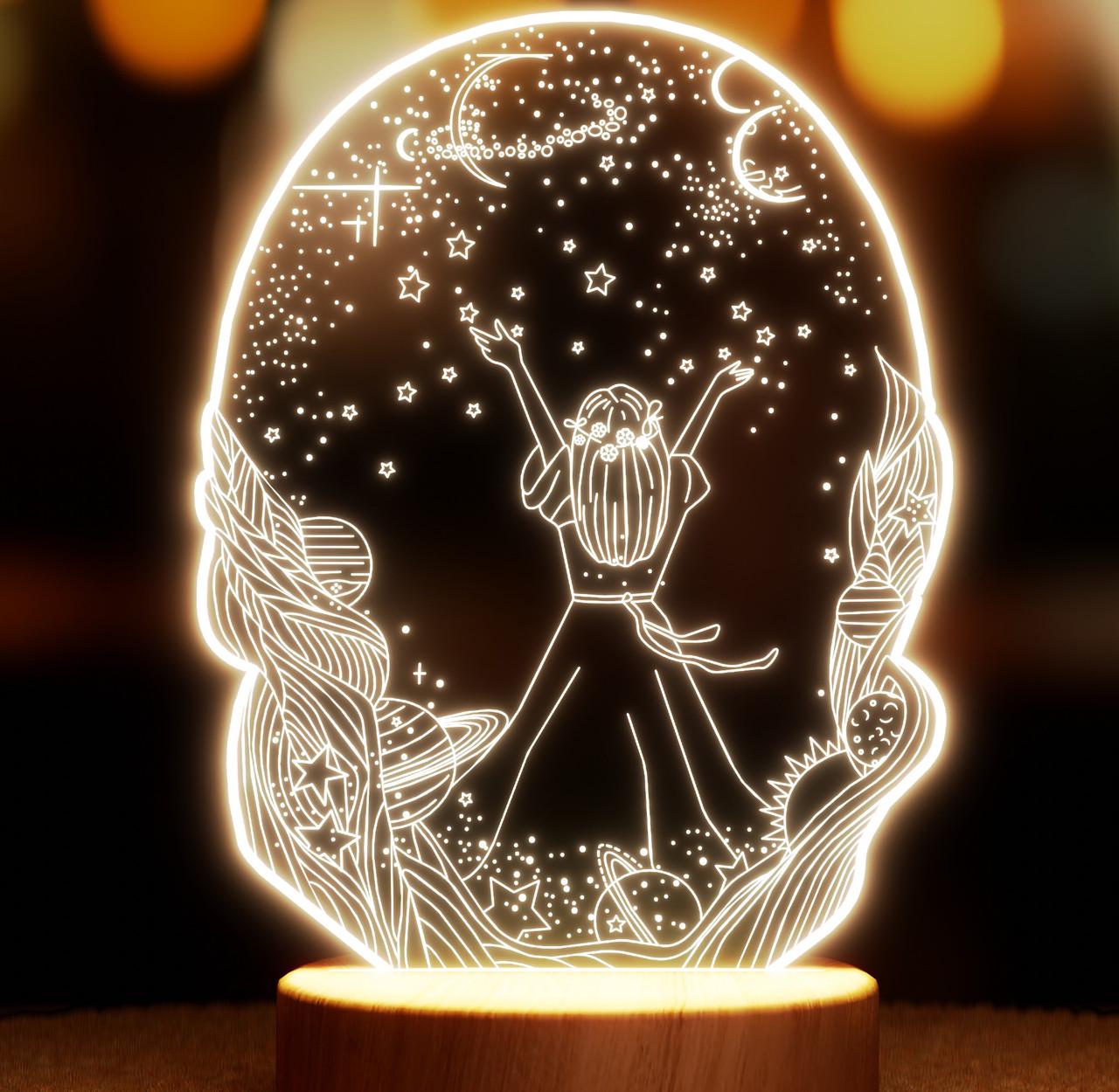 Ночник-светильник Lampic Девушка смотрит на звезды USB дерево/акрил 15х23 см Желтый (32377318)