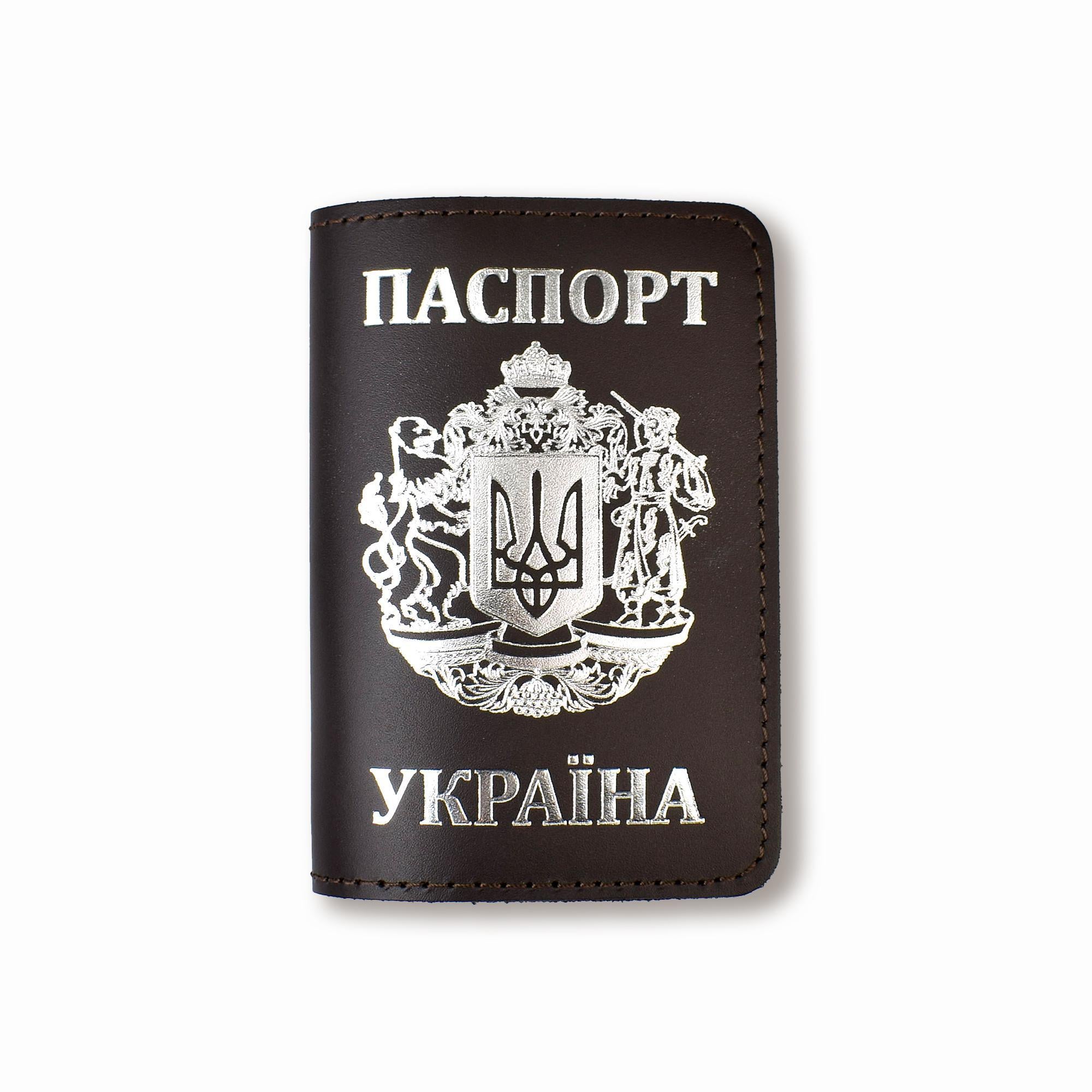 Обложка для паспорта Украина с большим Гербом Темно-коричневый с серебряным тиснением