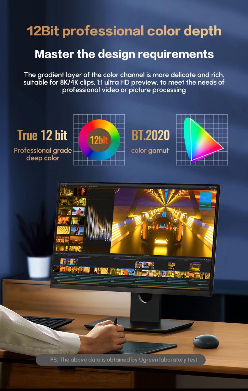Кабель UGREEN Type-C на DisplayPort DP1.4 8K 60Hz 240Hz HDR G-Sync FreeSync тройное экранирование 2 м Черный (45632) - фото 5