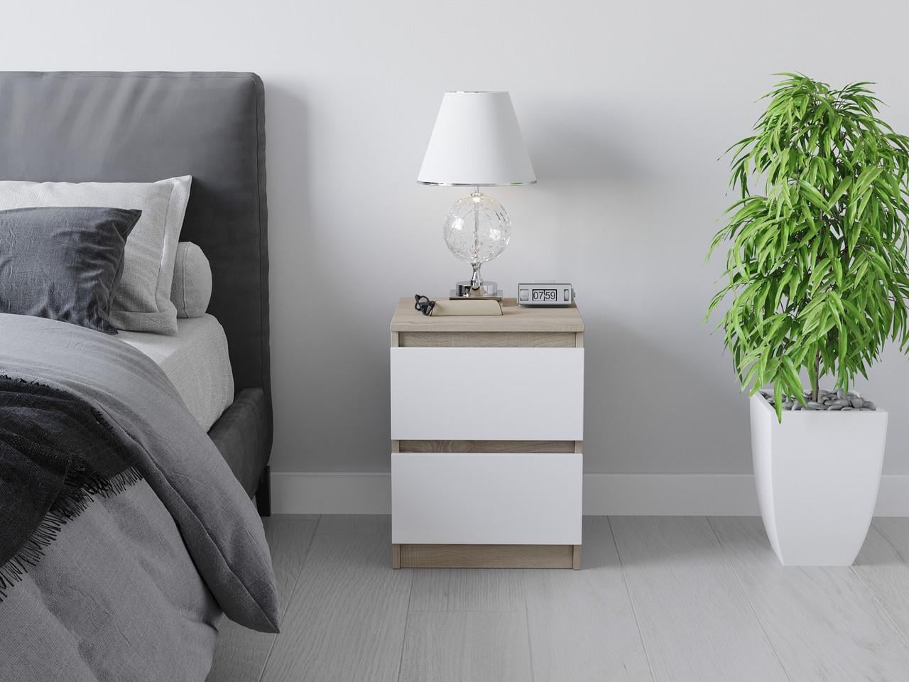Тумба прикроватная с двумя ящиками и скрытыми ручками Дуб Сонома/Белый (T225)