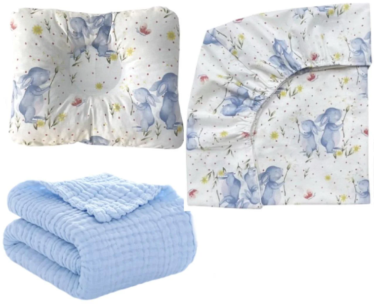 Набор в детскую кроватку RoyalBaby №34 Зайчики с муслиновым пледом 3в1 Голубой (143732)