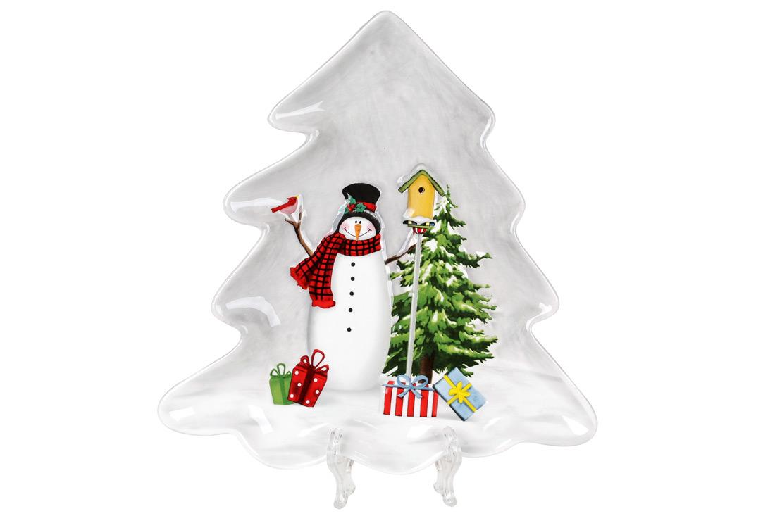 Блюдо керамическое в форме ёлки BonaDi Веселые снеговики 21,5х20,5 см (811-005)