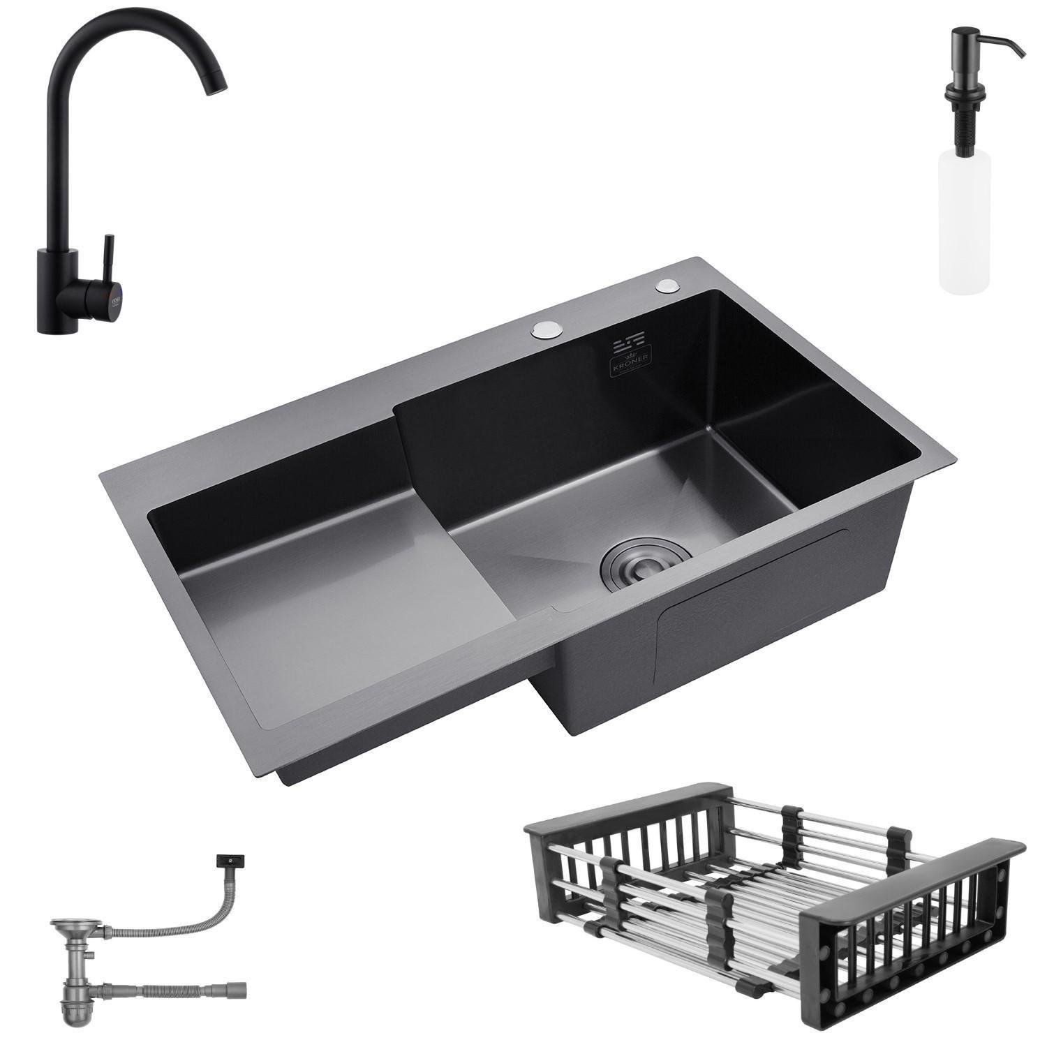 Мойка кухонная Kroner 7848RHM правая и смеситель для кухни Черный