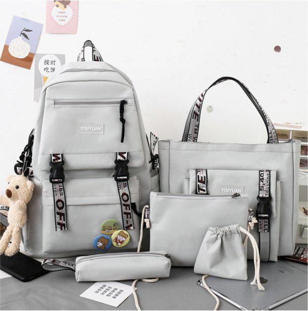 Рюкзак 5 в 1 школьный для девочки серый (набор: рюкзак, шоппер, пенал, сумочка, кошелек) (DR015647) - фото 3