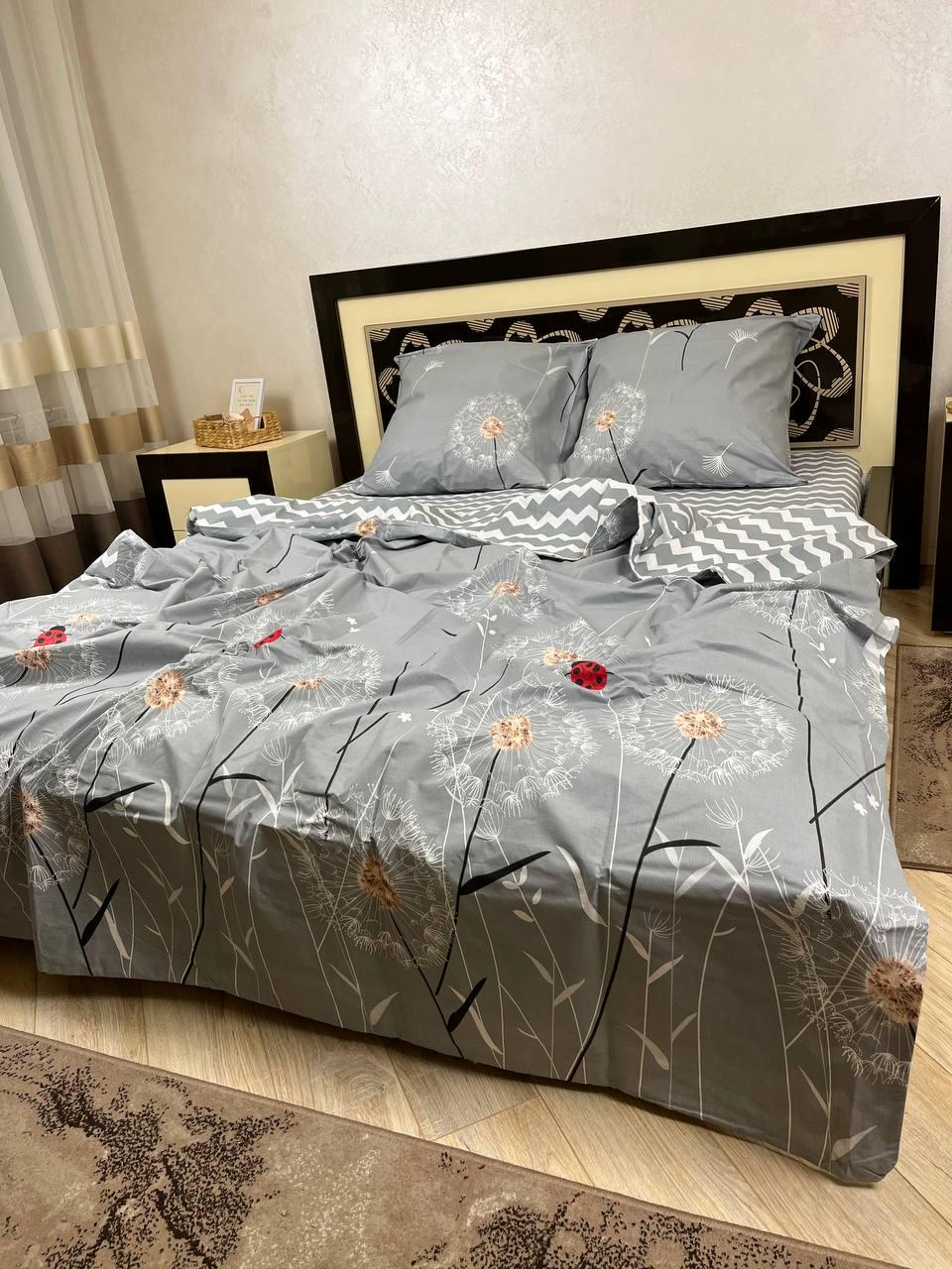 Комплект постельного белья Одуванчики простынь на резинке евро 180x200х20/70х70 см Серый (13720491)