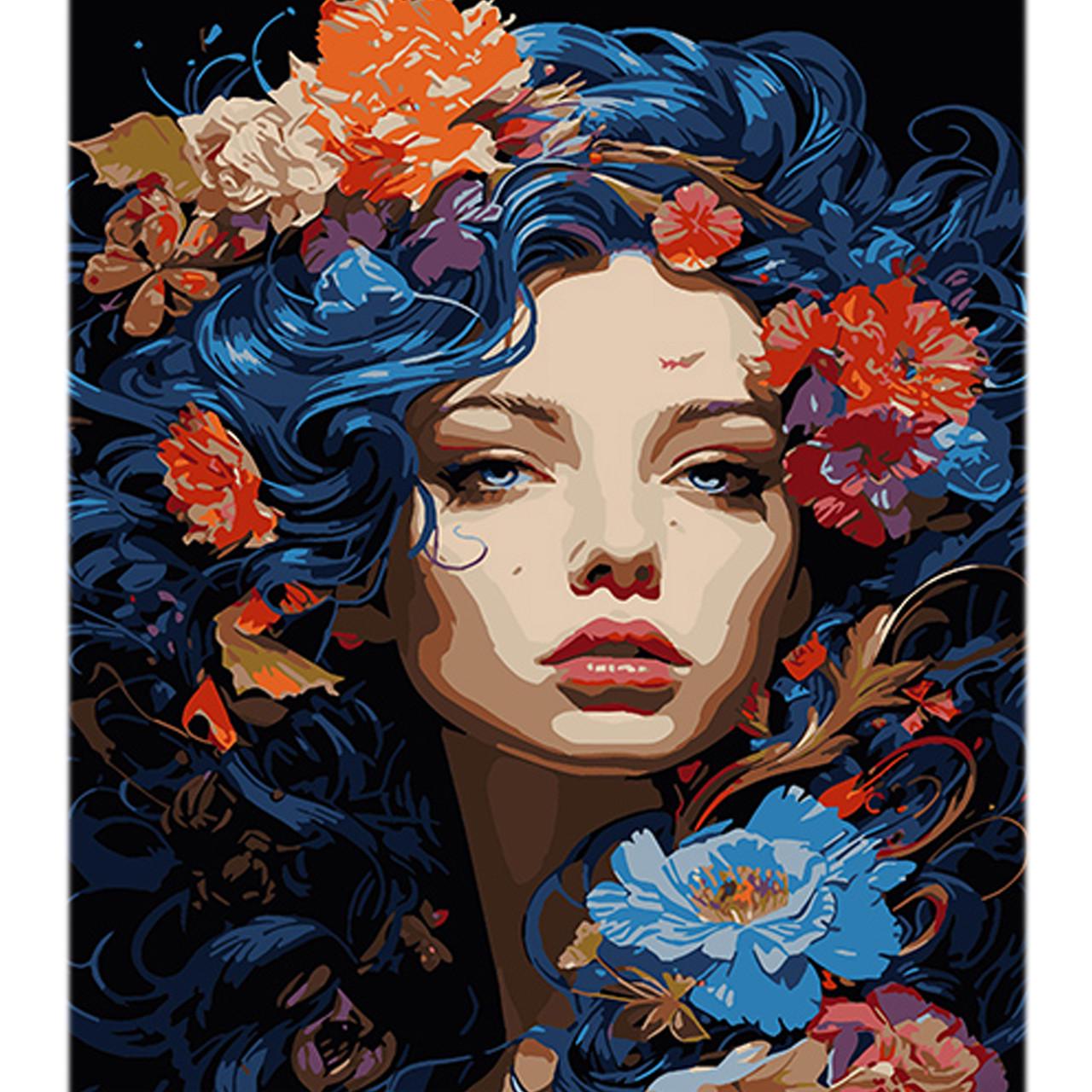 Картина по номерам Strateg Премиум Девушка с цветами в волосах на черном фоне 40х50 см (AH1116)
