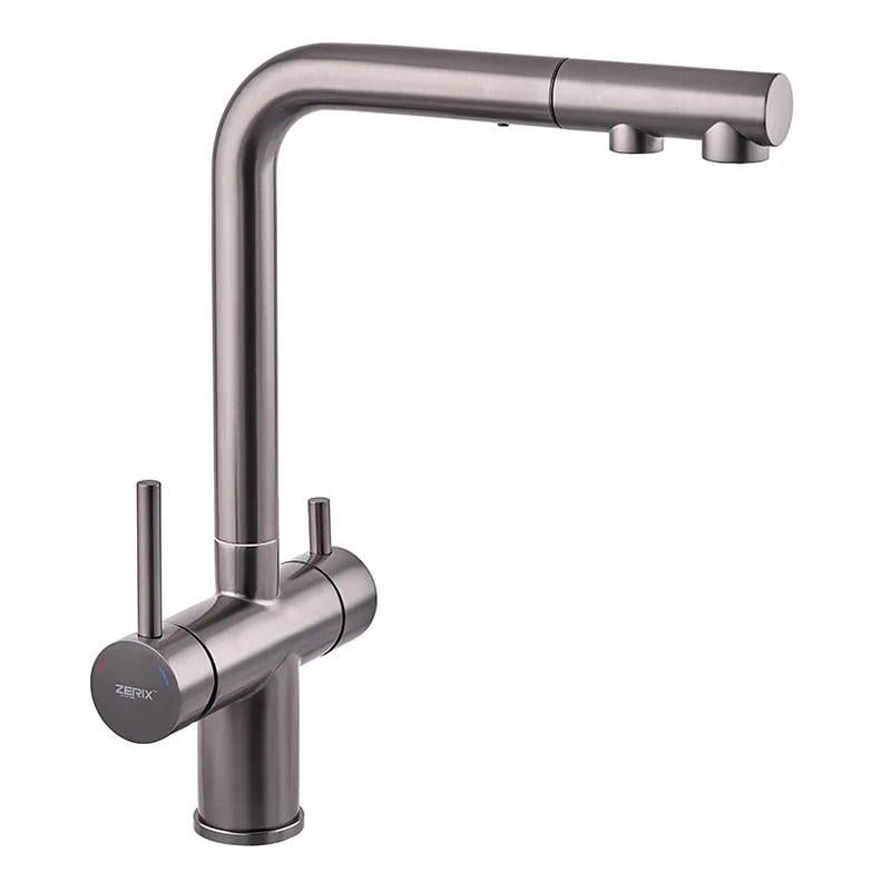 Смеситель для кухни на две воды Zerix LUX-024 Graphite с выдвижной лейкой нержавеющая сталь (ZX5557)